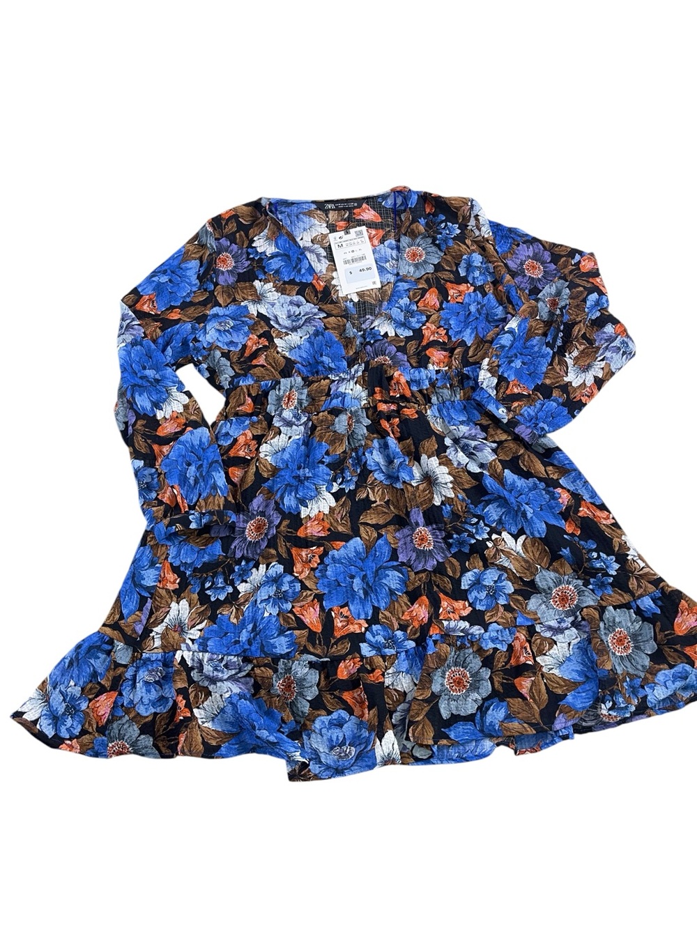 Zara Blue Floral Long Sleeve Tiered Dress  blue  hues medium